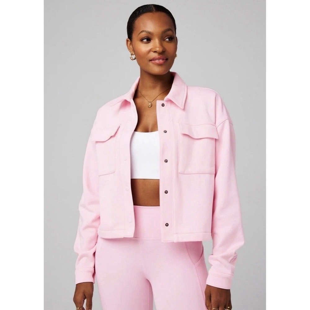 NWT Fabletics Cozy Fleece Cropped Shirt Jacket Sz LG Sugar‎ Pink Lounging Relax
